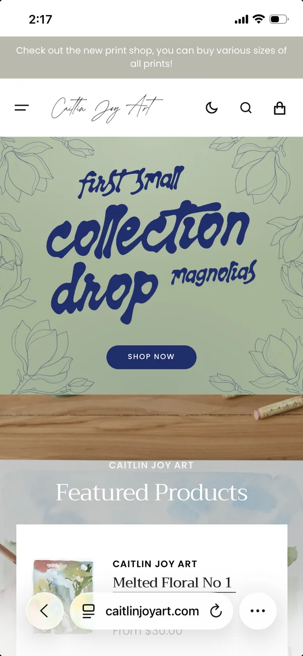 The Caitlin Joy Art homepage on a phone, with the collection-drop hero and featured products.