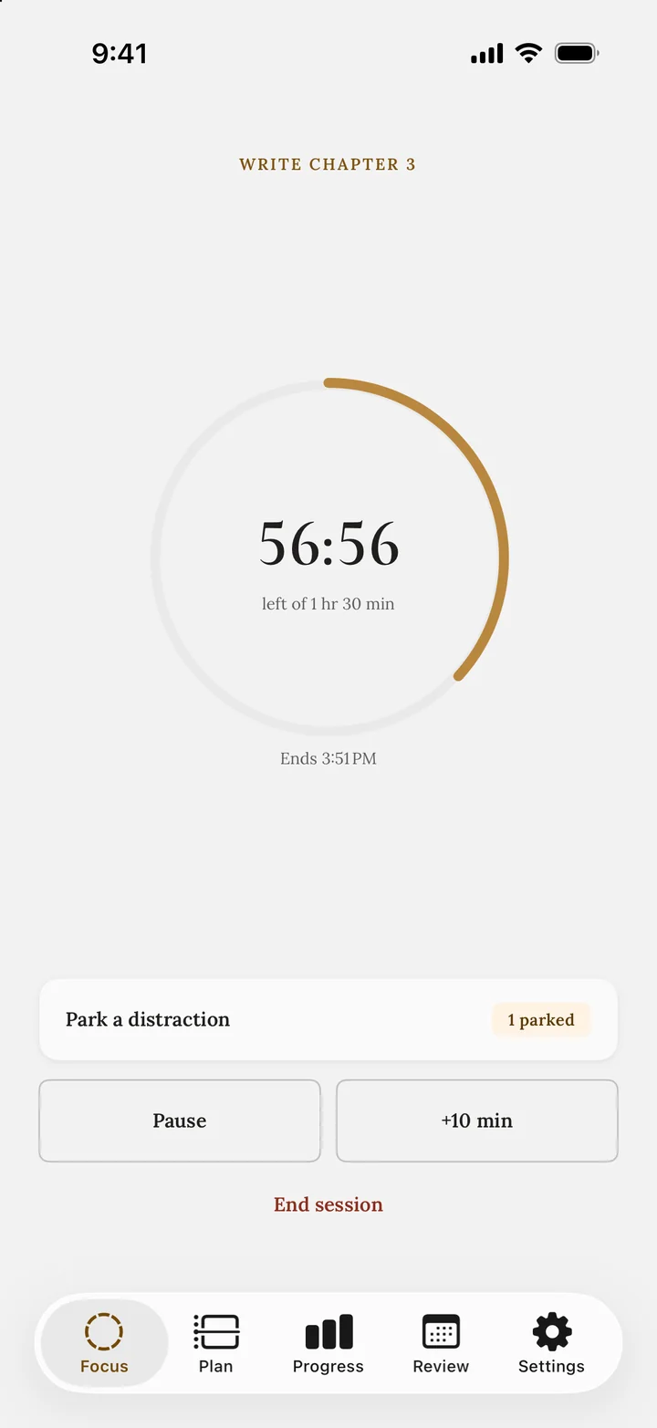 A Deep Work focus session in progress: a gold ring counting down 57:57 on