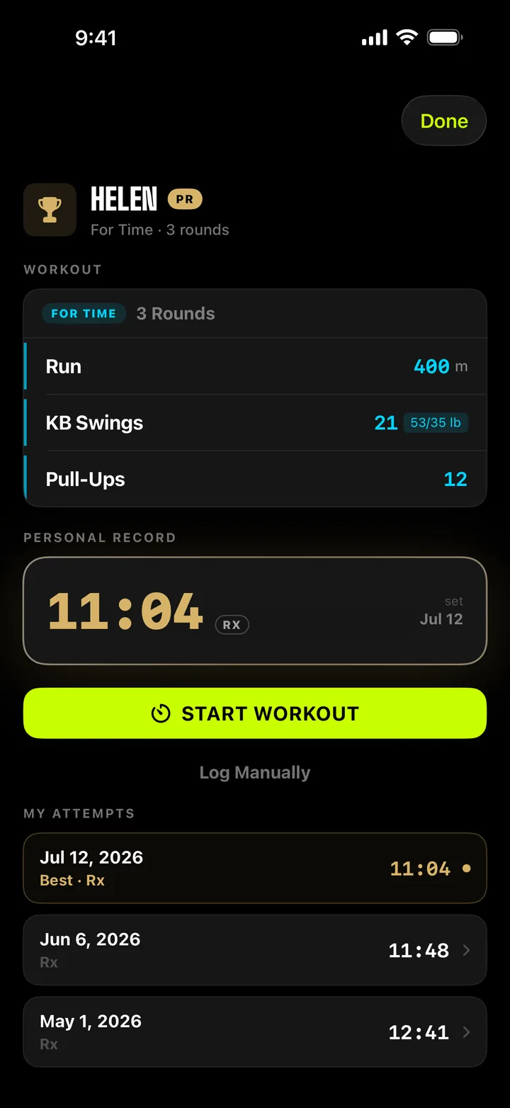 Helen's benchmark screen: the workout in For Time blue and a personal record of 11:04.