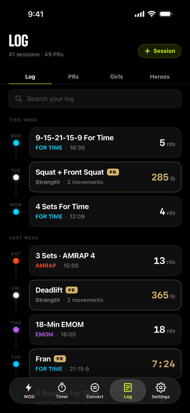The MetconRX Log tab: a timeline of workouts grouped by week, with PR badges on new records.