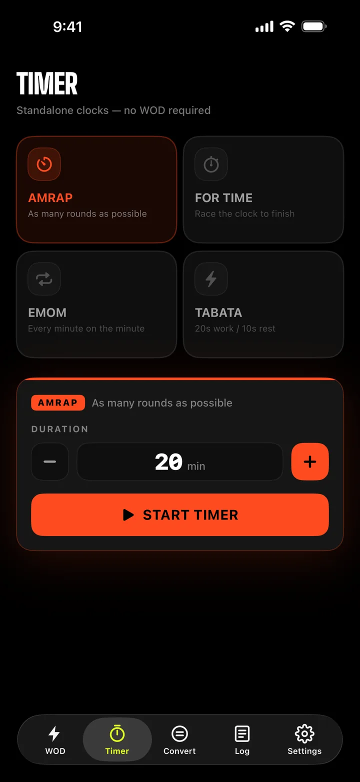 The MetconRX timer setup: AMRAP, For Time, EMOM and Tabata, each in its own scoring colour.