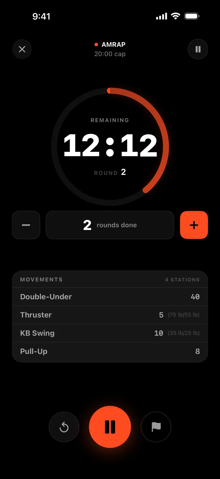 The MetconRX timer running an AMRAP: a countdown dial reading 12:12 remaining on round 2, a rounds-done stepper and the movement panel.