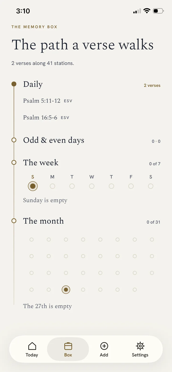 The Recite Memory Box: “The path a verse walks,” a timeline of review stations from daily to odd and even days, the week, and the month.