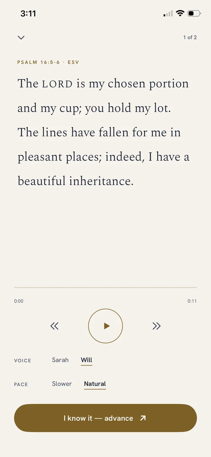 Recite’s verse player: Psalm 16:5–6 in a serif reading layout, with play controls, a choice of voice and pace, and an “I know it — advance” button.